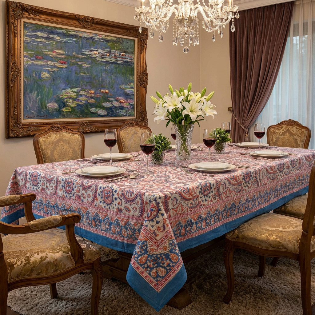 Hand Block Printed Cotton Tablecloth 180x270 cms Kusum Gulabi Jaal 106025