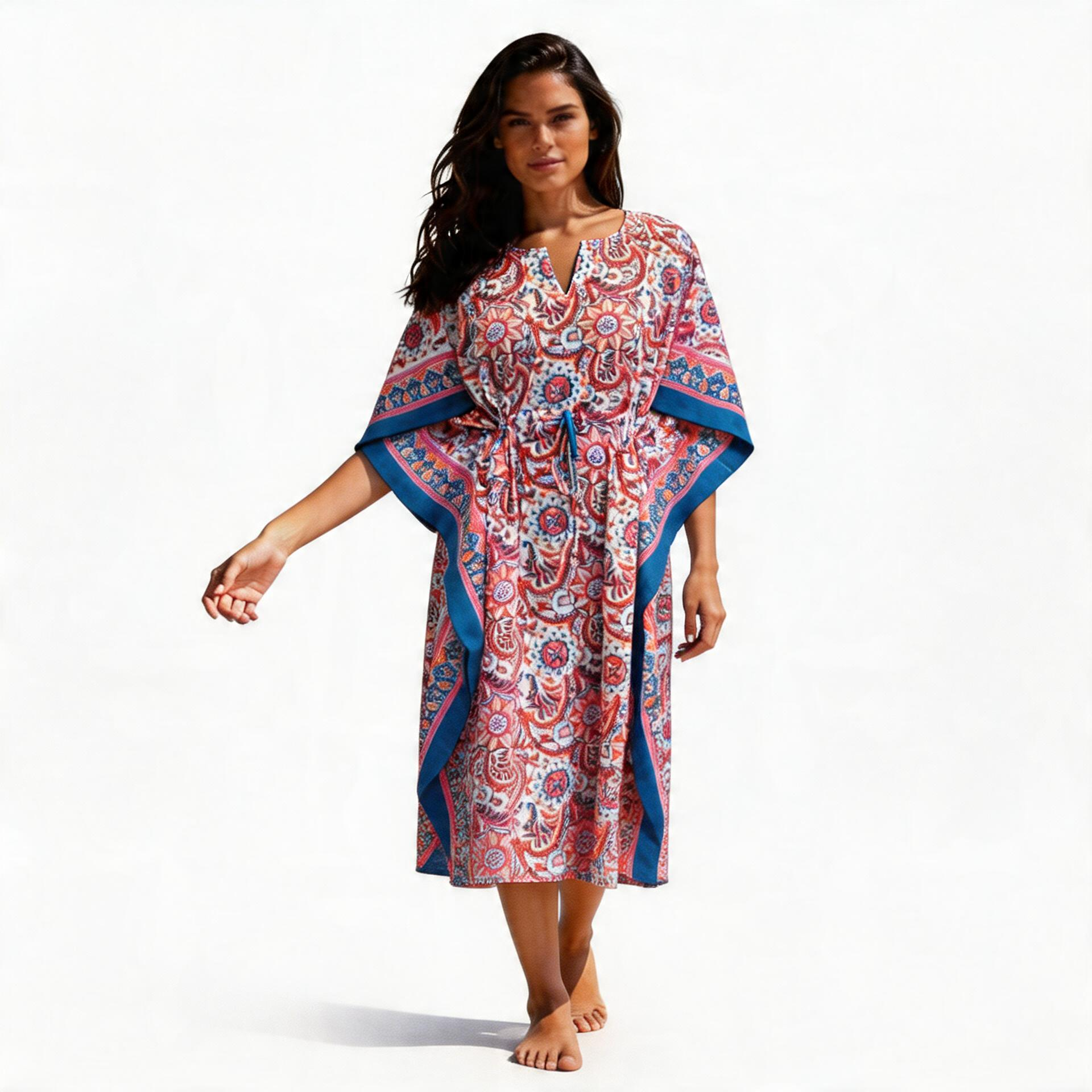 Long Size Kaftan Free Size Indian Block-Printed Loungewear in Soft Cotton Voile Kusum Gulabi Jaal 106025