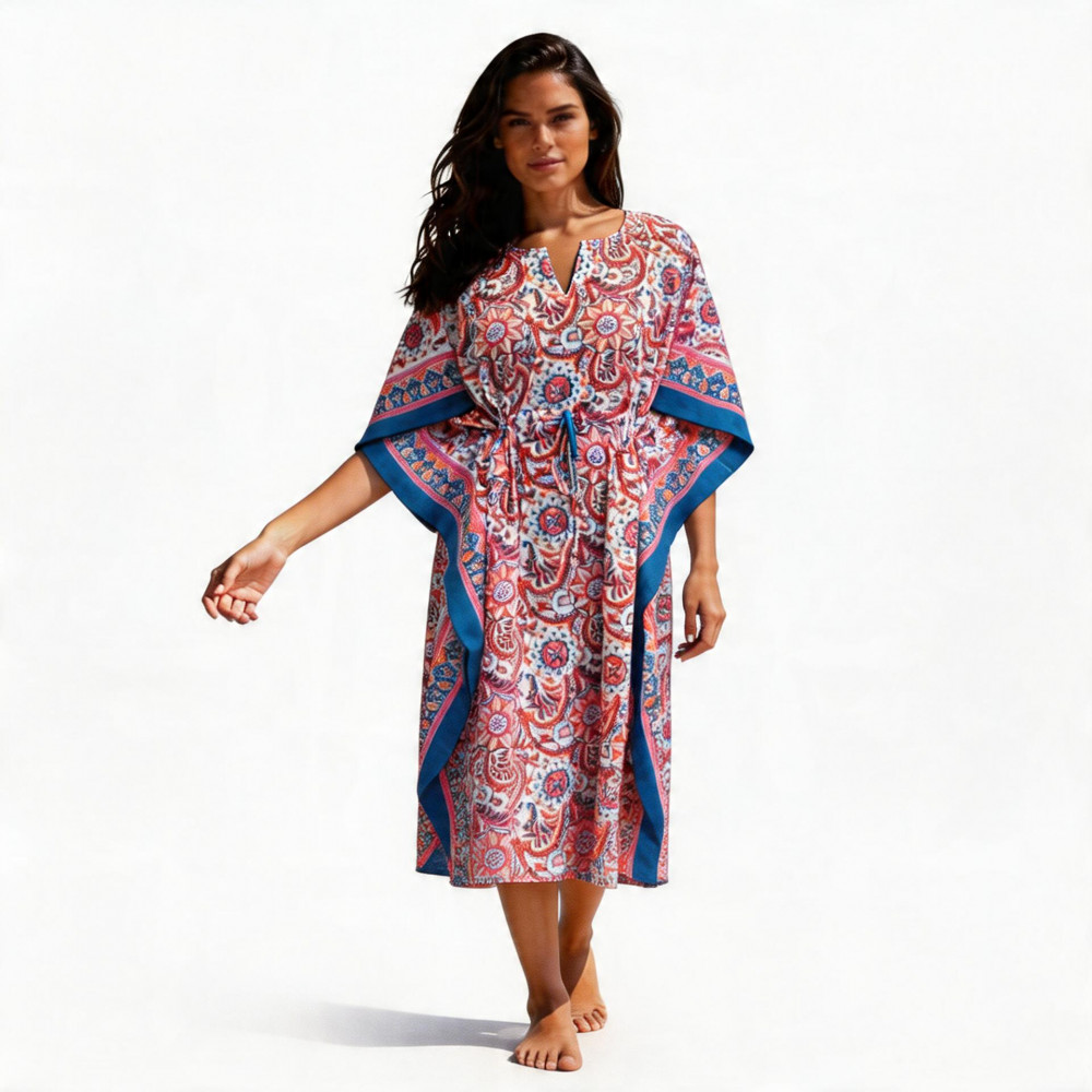 Image of Long Size Kaftan Free Size Indian Block-Printed Loungewear in Soft Cotton Voile | Kusum Gulabi Jaal 106025
