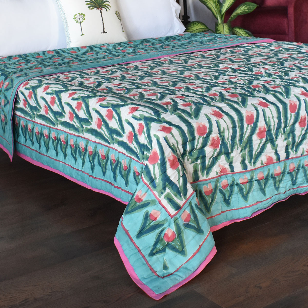 Hand Block Printed Cotton Queen Size Quilt Lambi Patti Tulip 103435