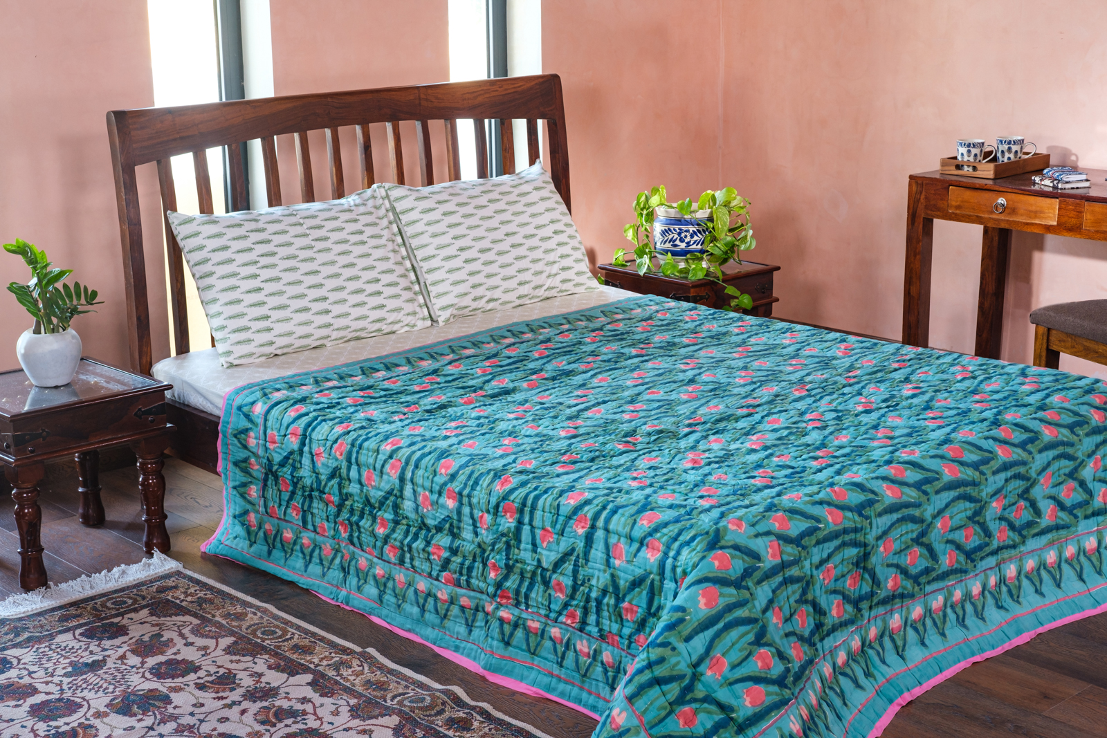 Hand Block Printed Cotton Queen Size Quilt Lambi Patti Tulip 103435