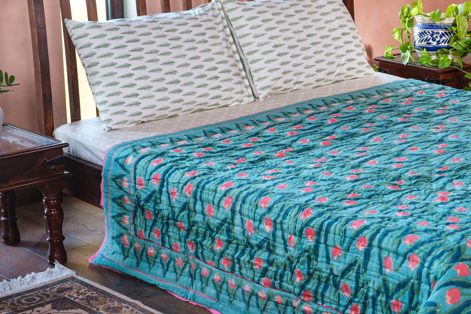 Hand Block Printed Cotton Queen Size Quilt Lambi Patti Tulip 103435