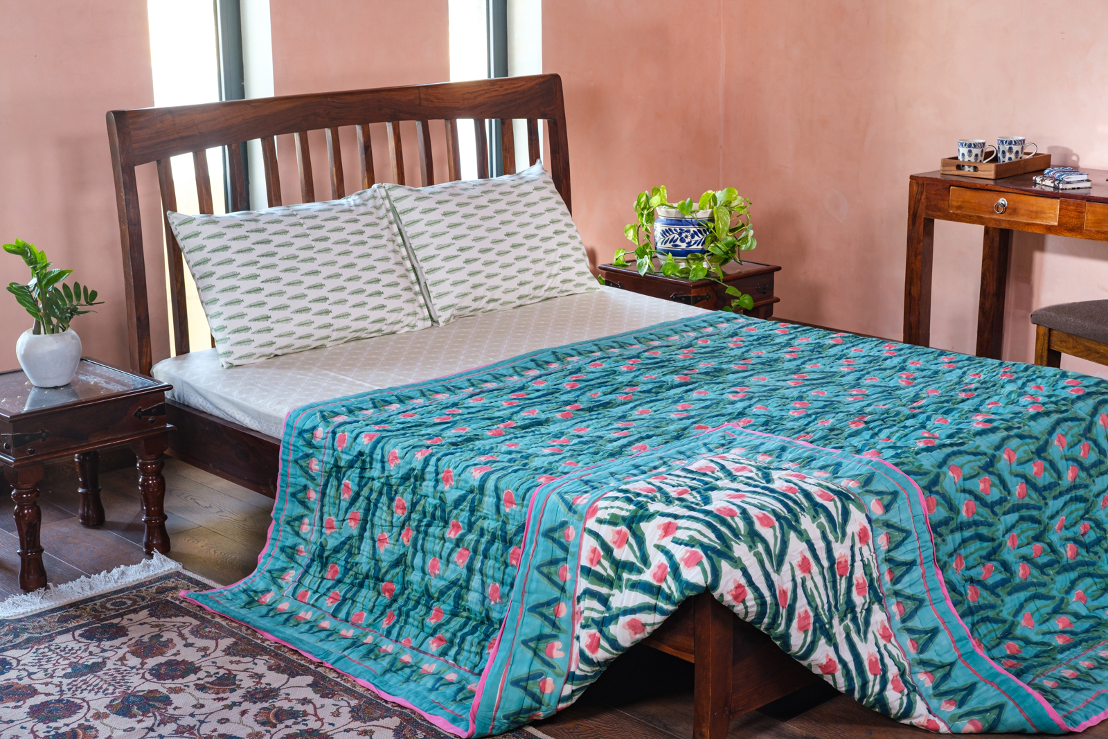 Hand Block Printed Cotton Queen Size Quilt Lambi Patti Tulip 103435