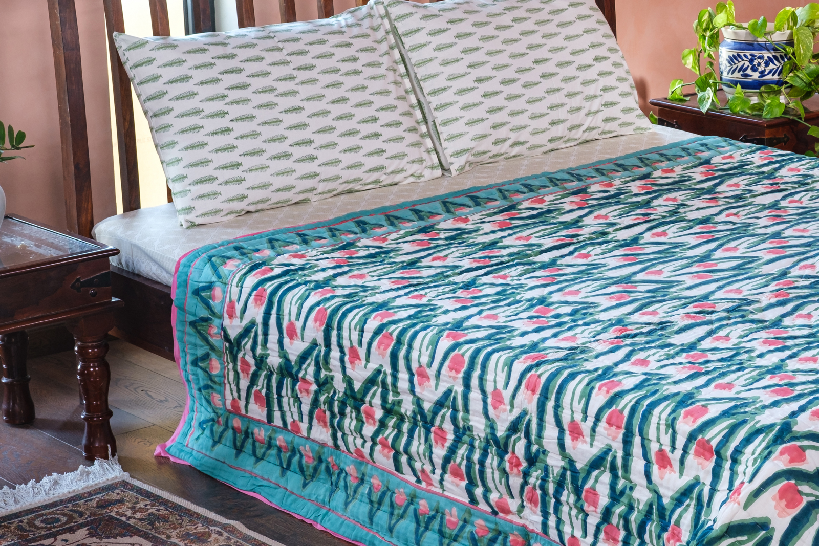 Hand Block Printed Cotton Queen Size Quilt Lambi Patti Tulip 103435