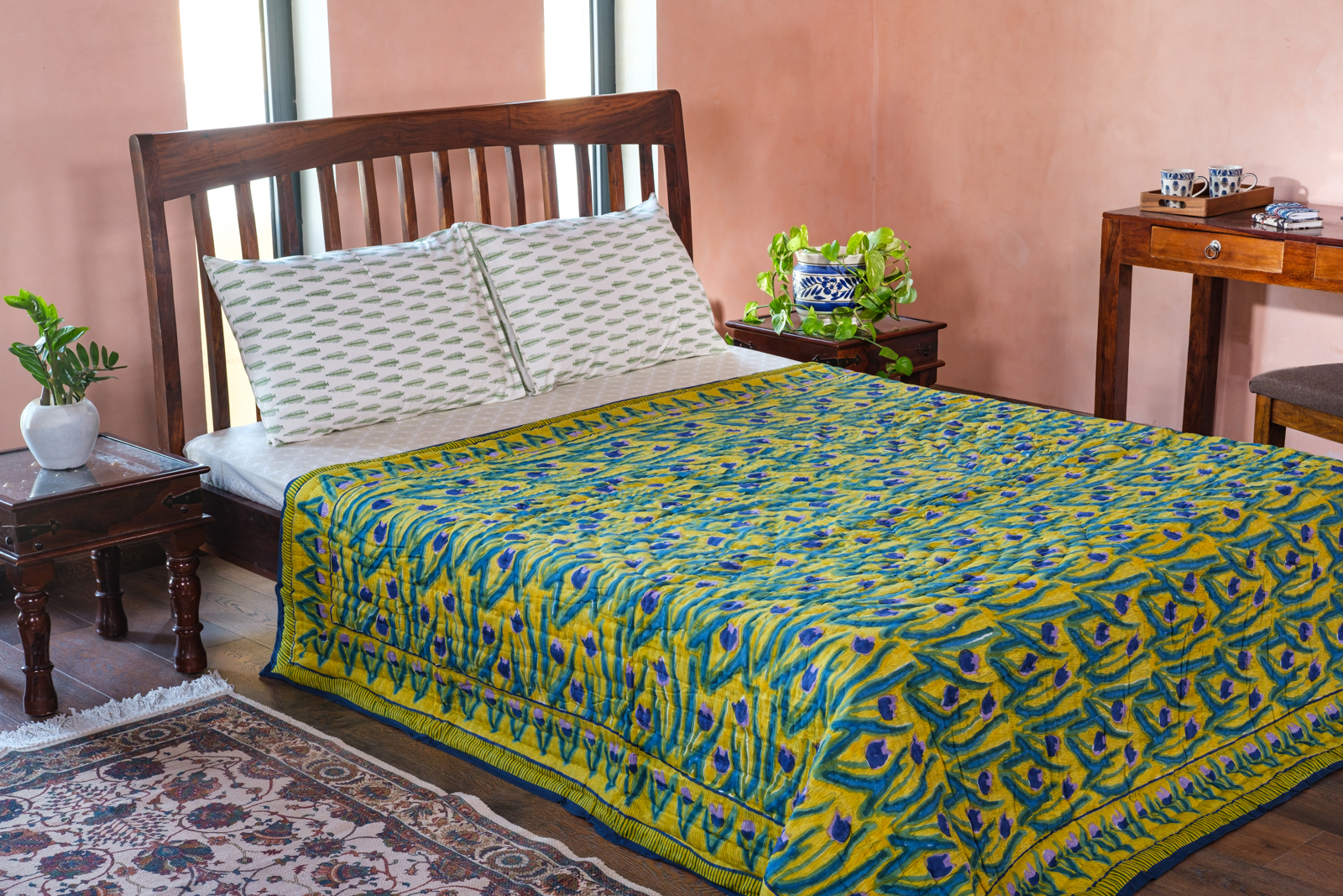 Hand Block Printed Cotton Queen Size Quilt  Lambi Patti Tulip Lime 601671