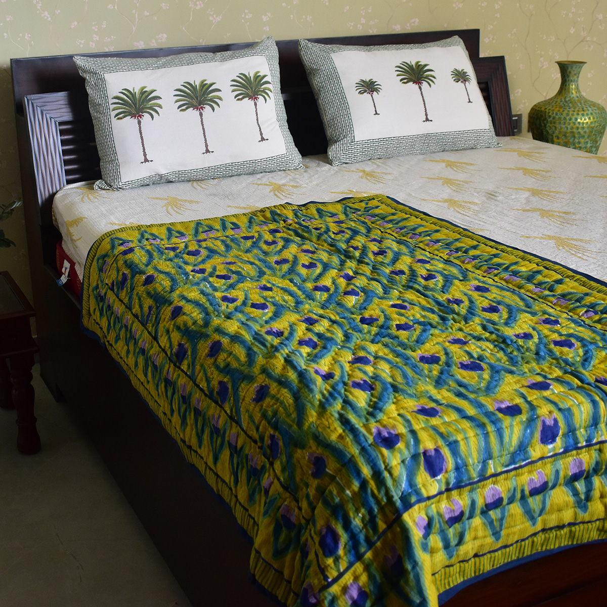 Hand Block Printed Baby Quilt Jaipur Razai  Lambi Patti Tulip Lime 601671