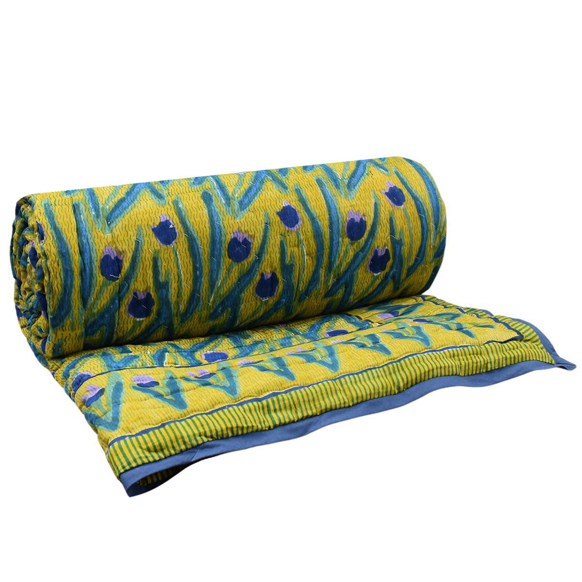 Hand Block Printed Cotton King Size Quilt Lambi Patti Tulip Lime 601671
