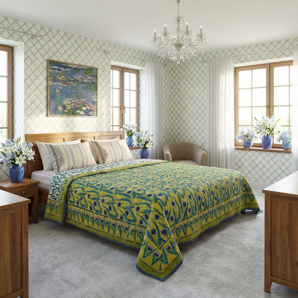 Hand Block Printed Cotton King Size Quilt Lambi Patti Tulip Lime 601671