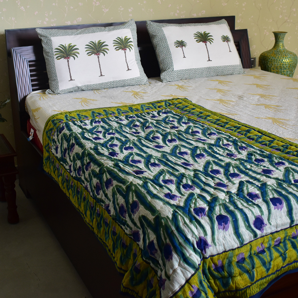 Hand Block Printed Baby Quilt Jaipur Razai  Lambi Patti Tulip Lime 601671