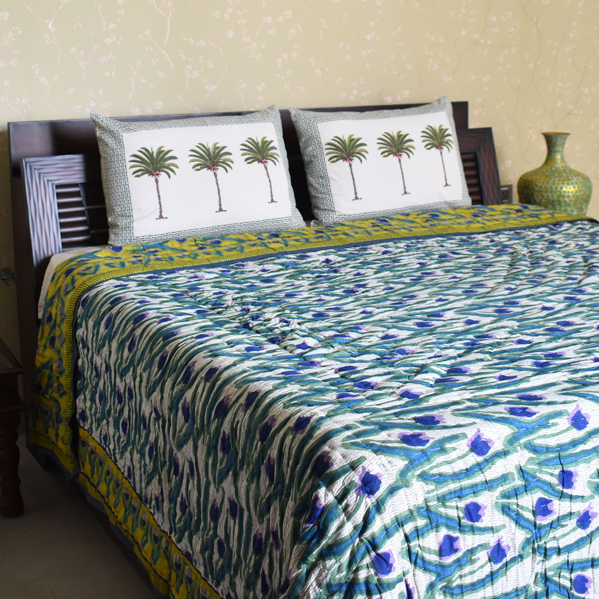 Hand Block Printed Cotton King Size Quilt Lambi Patti Tulip Lime 601671