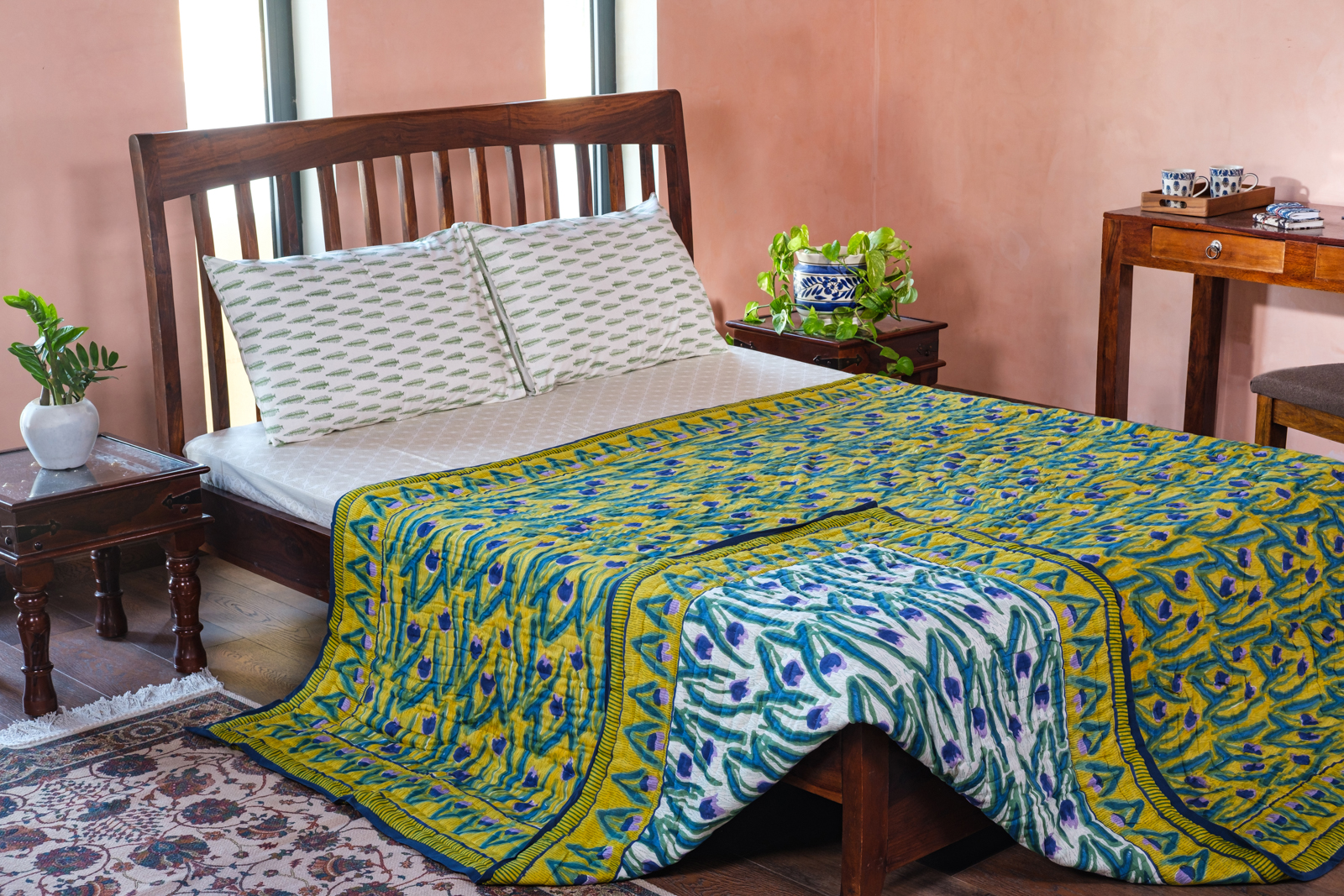 Hand Block Printed Cotton Queen Size Quilt  Lambi Patti Tulip Lime 601671