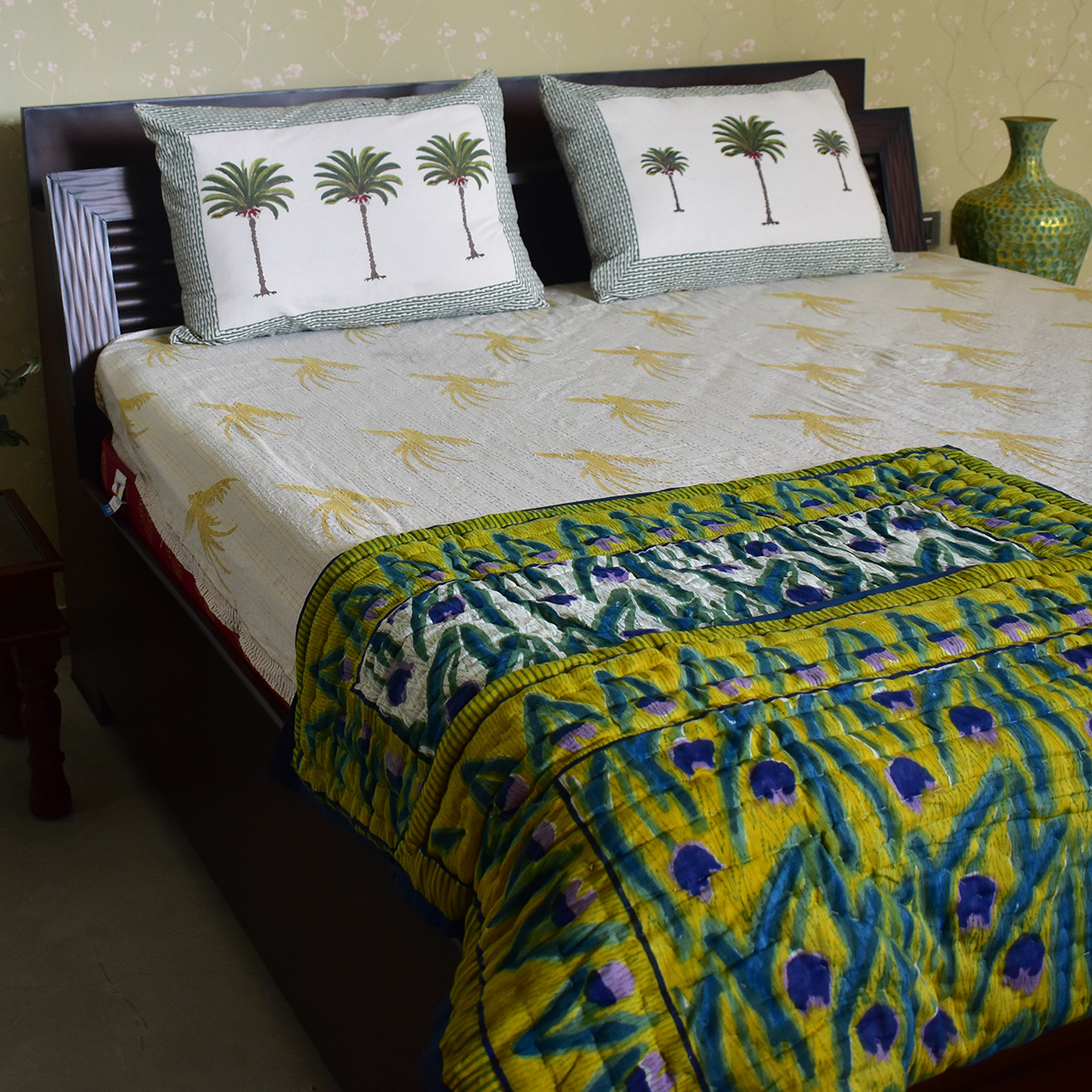 Hand Block Printed Baby Quilt Jaipur Razai Lambi Patti Tulip Lime 601671