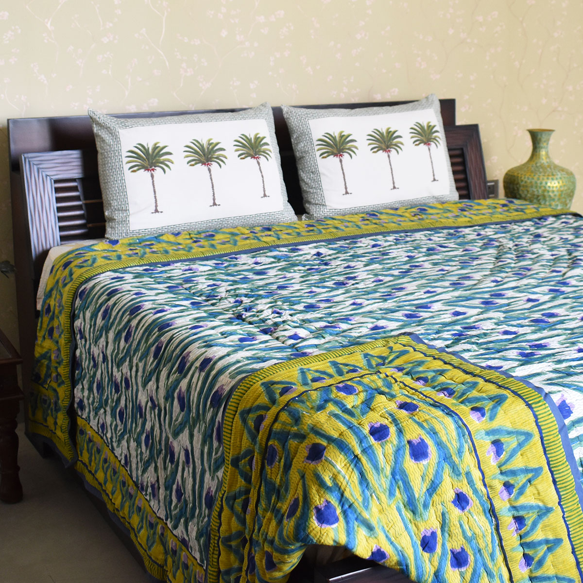 Hand Block Printed Cotton King Size Quilt Lambi Patti Tulip Lime 601671