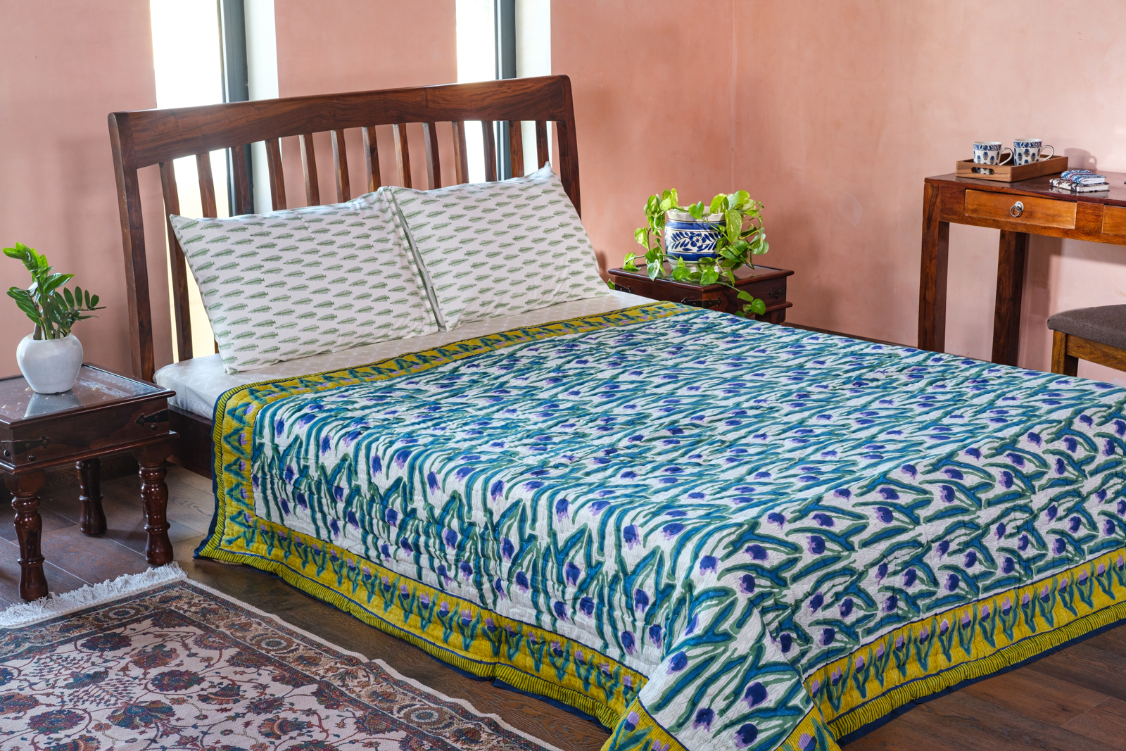 Hand Block Printed Cotton Queen Size Quilt  Lambi Patti Tulip Lime 601671