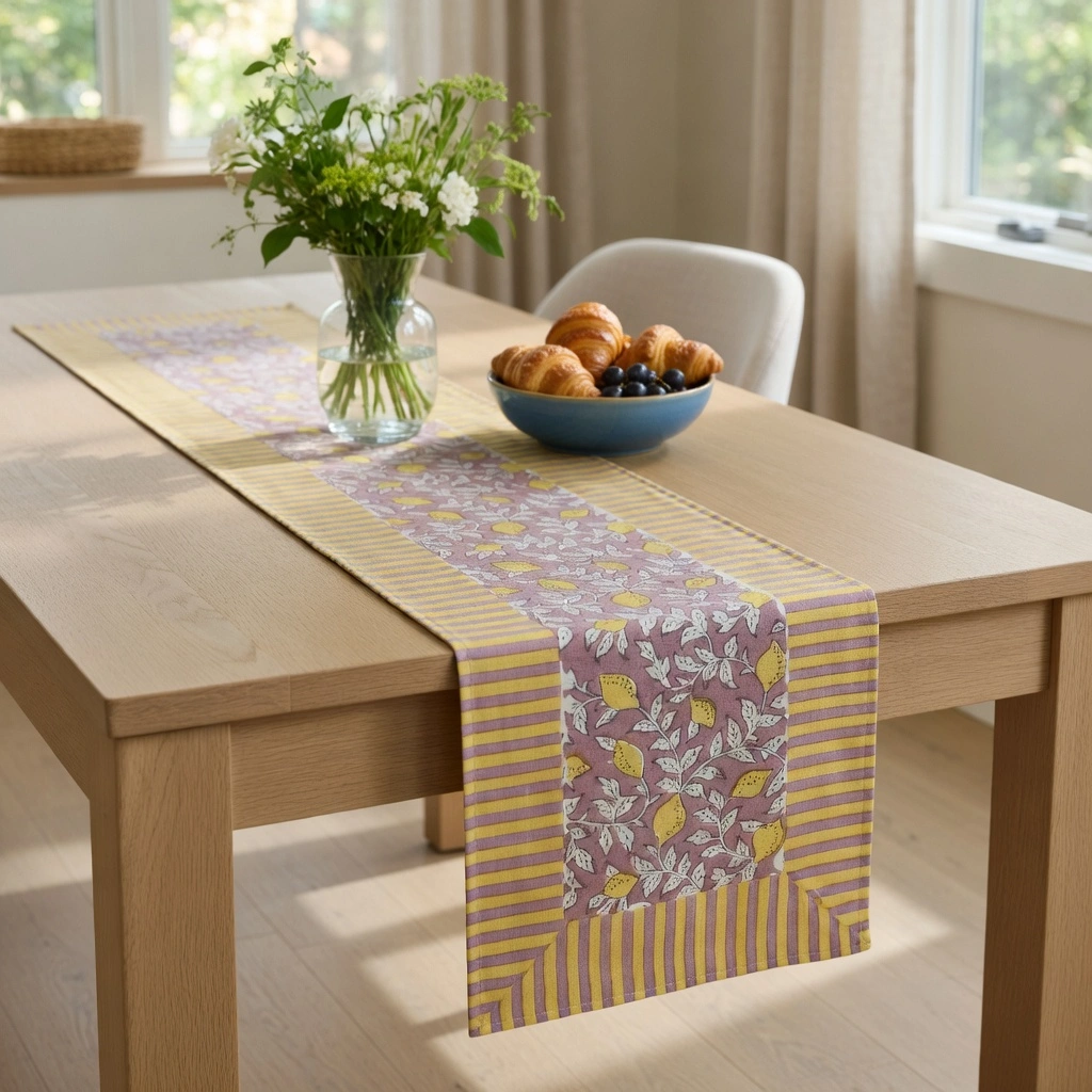 Hand Block Printed Cotton Canvas Table Runner 33x170 cms Lemon Earth 202404