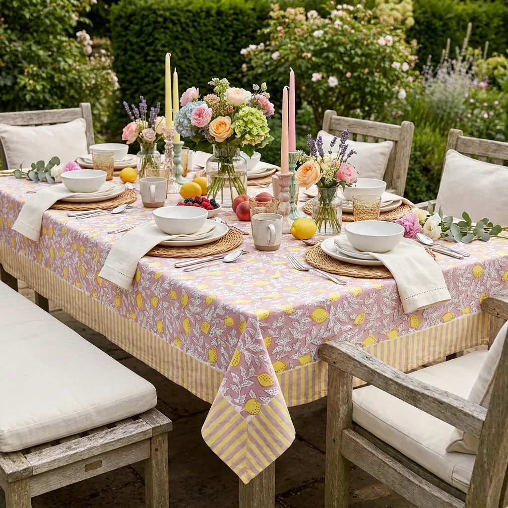 Wood Block Printed Handmade Tablecloth 150x220 cms Lemon Earth 202404
