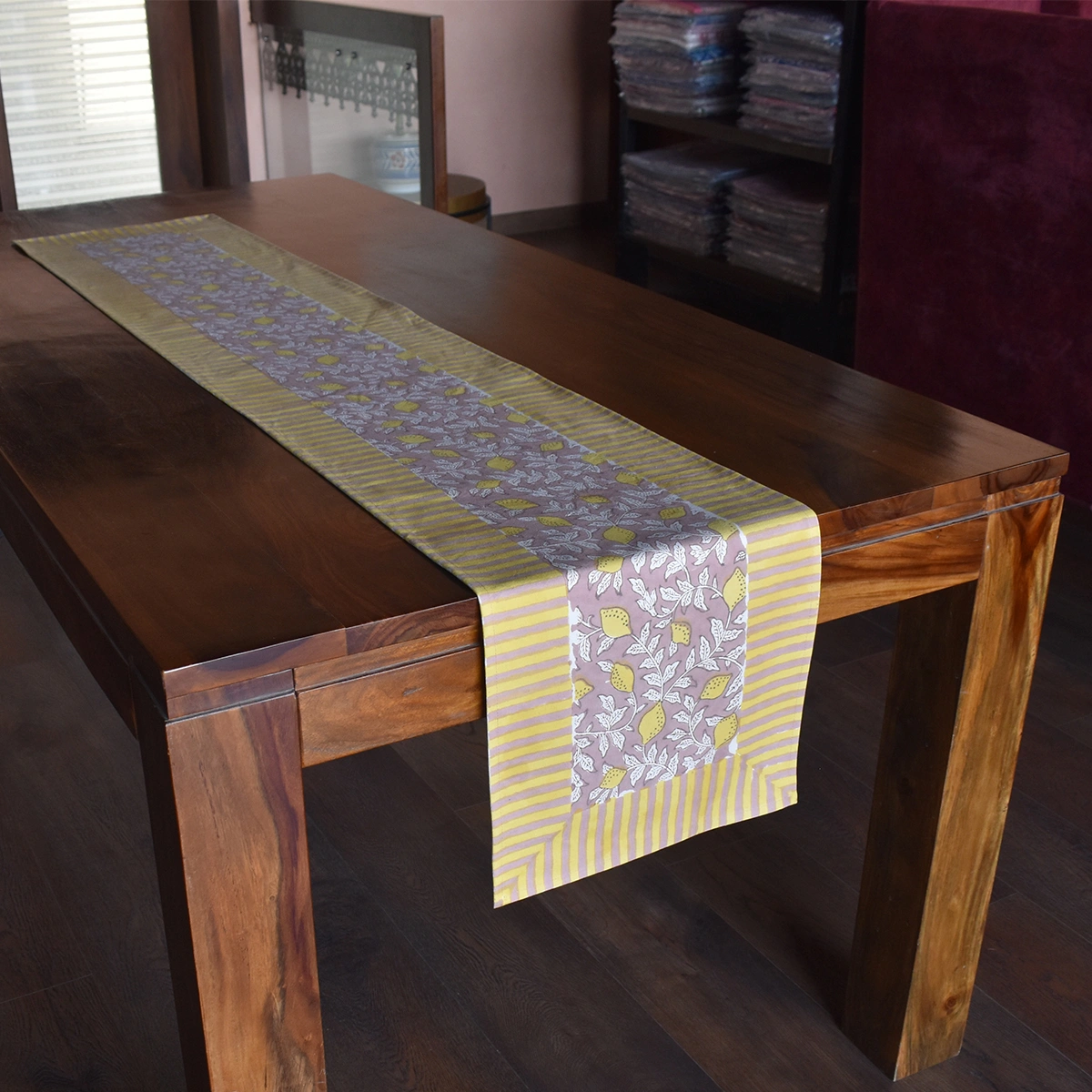 Hand Block Printed Cotton Canvas Table Runner 33x170 cms Lemon Earth 202404