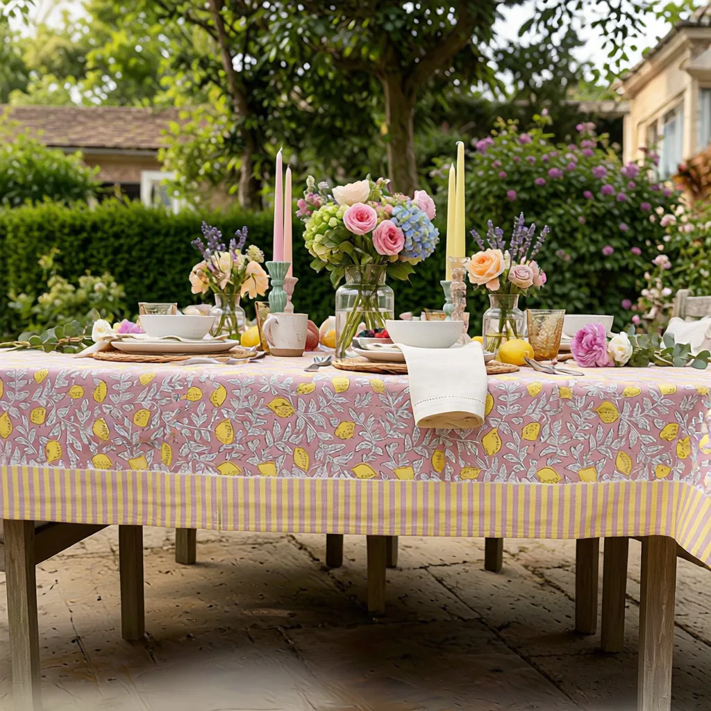 Wood Block Printed Handmade Tablecloth 150x220 cms Lemon Earth 202404