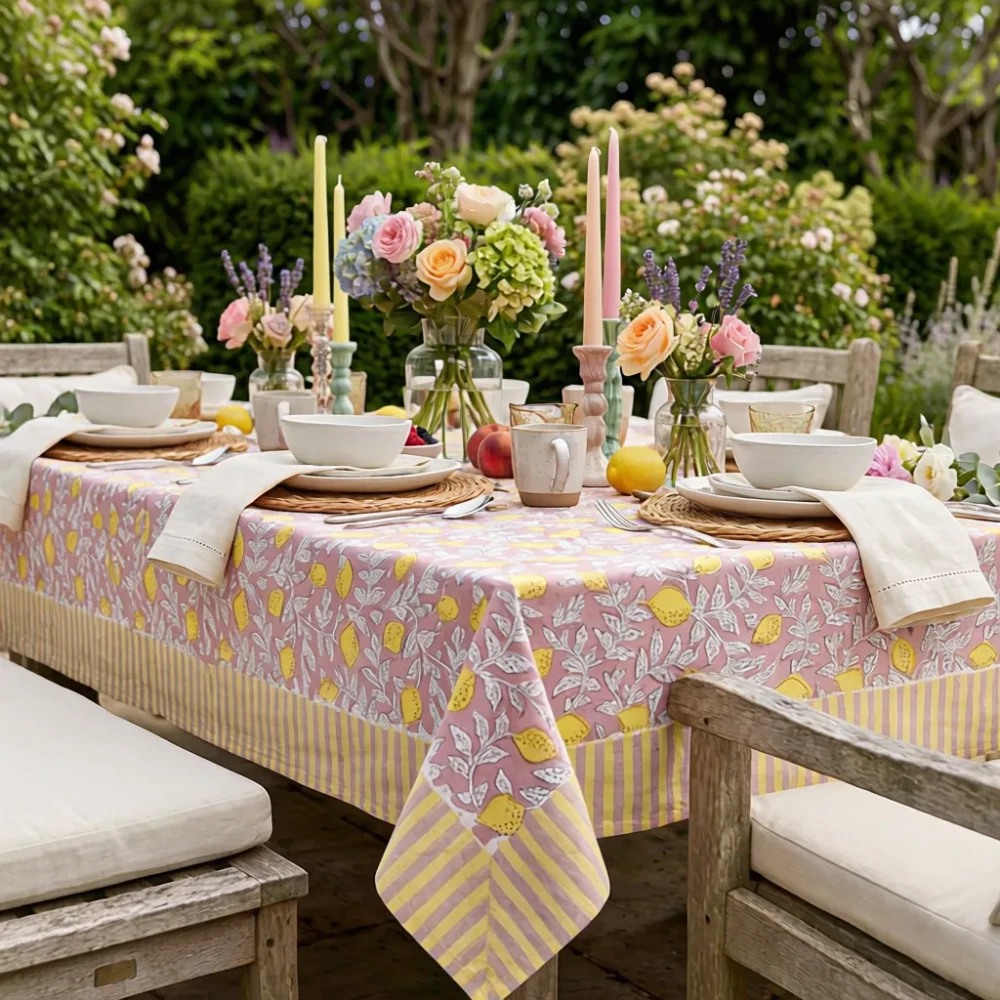 Image of Wood Block Printed Handmade Tablecloth 150x220 cms | Lemon Earth 202404