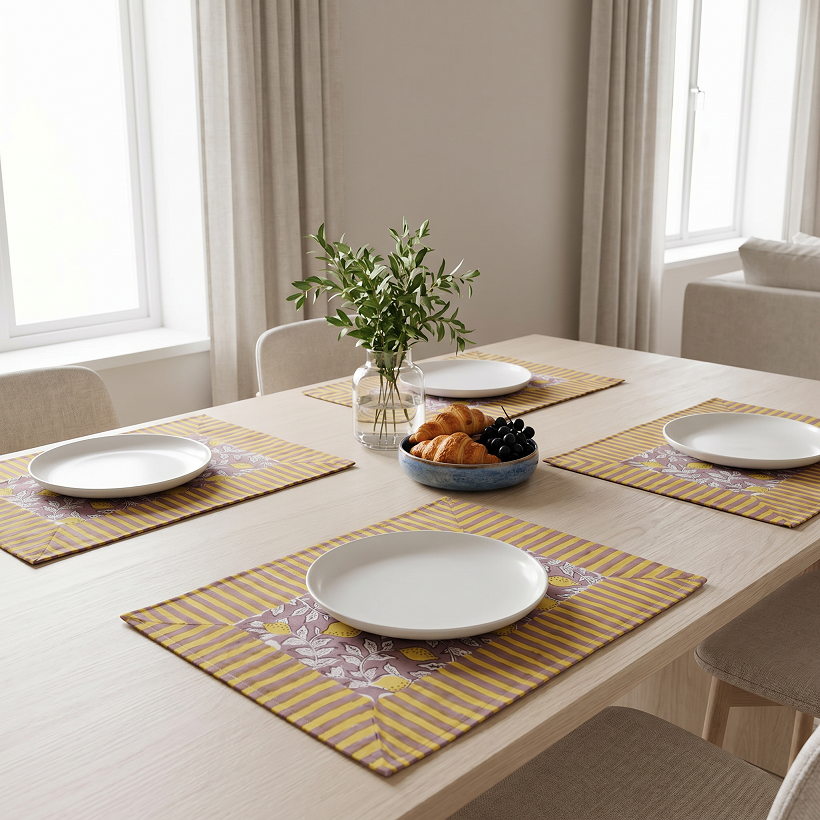 Hand Block Printed Cotton Canvas Table Mat 32x48 cms Set of 2 Table mats Lemon Earth 202404