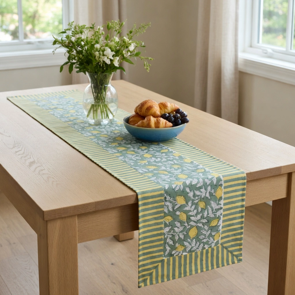 Hand Block Printed Cotton Canvas Table Runner 33x170 cms  Lemon Green 202405