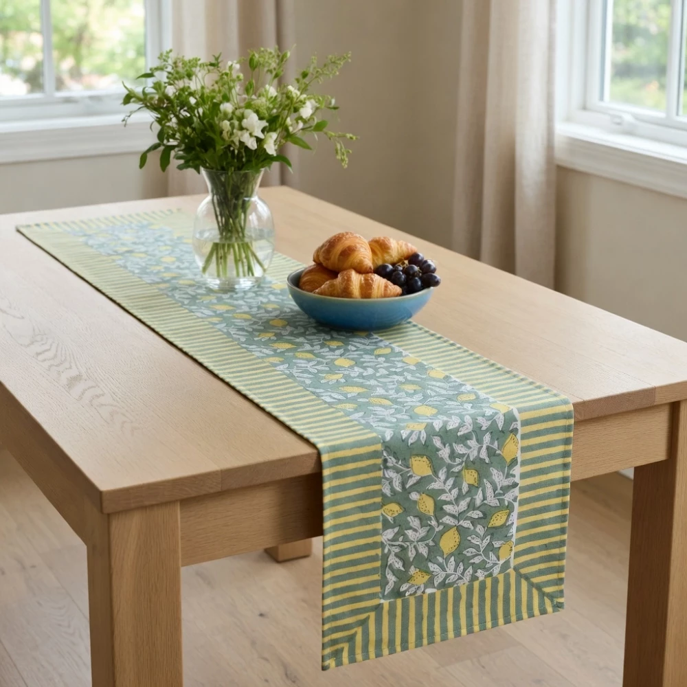 Image of Hand Block Printed Cotton Canvas Table Runner 33x170 cms | Lemon Green 202405