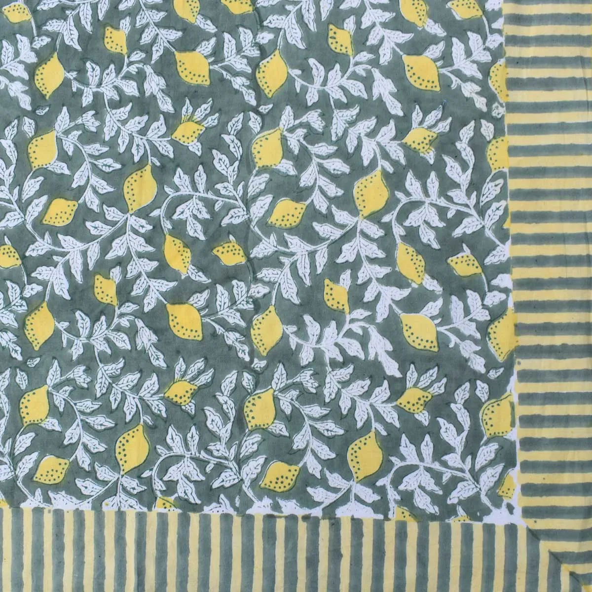 Wood Block Printed Handmade Tablecloth 150x220 cms Lemon Green 202405