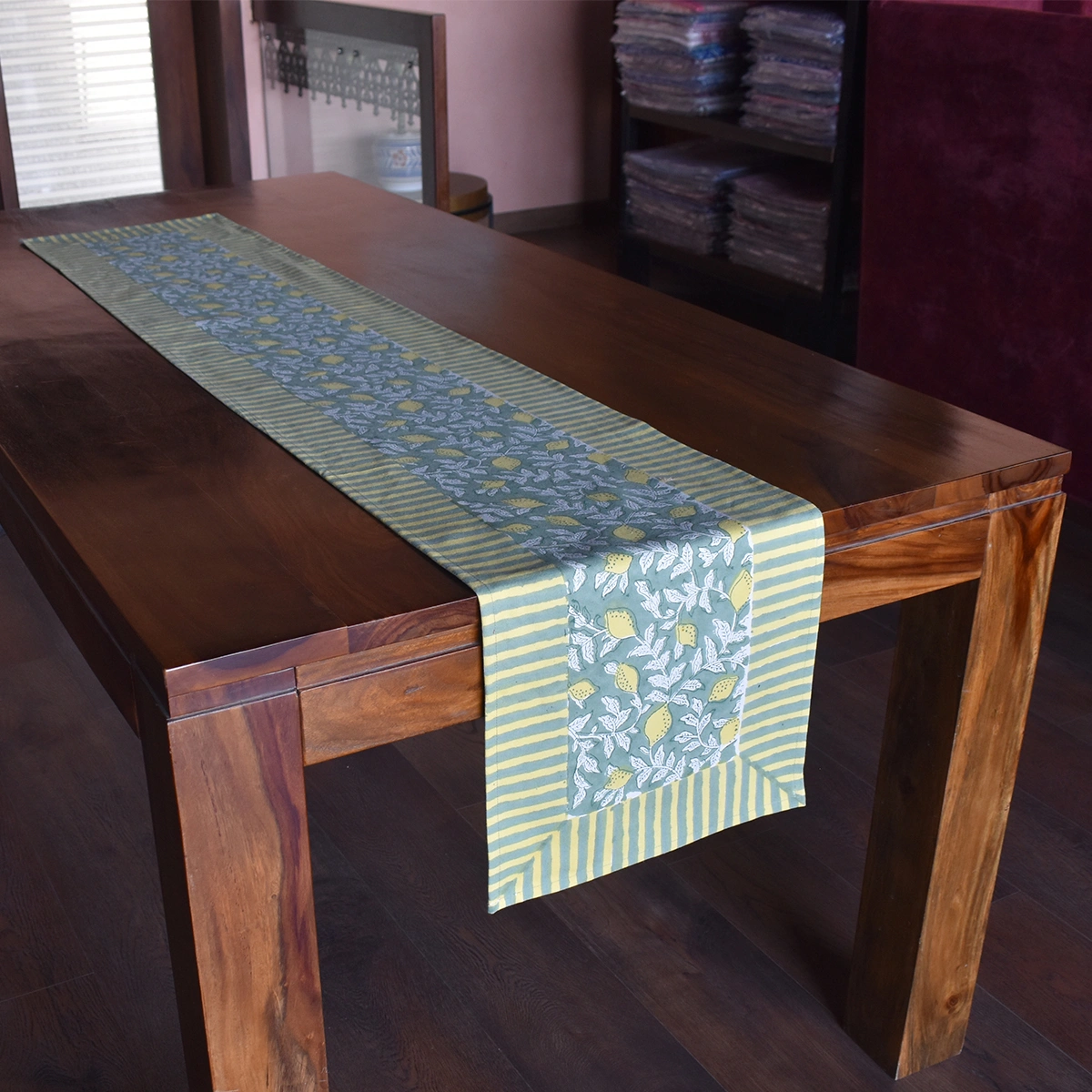 Hand Block Printed Cotton Canvas Table Runner 33x170 cms  Lemon Green 202405