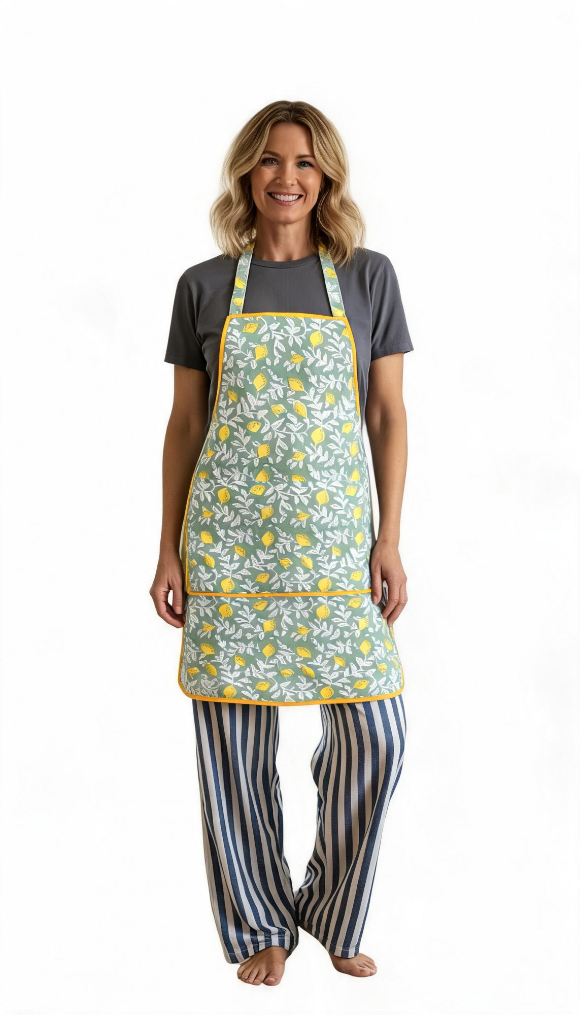 Indian Block-Printed 100 Cotton Apron Lemon Green 202405