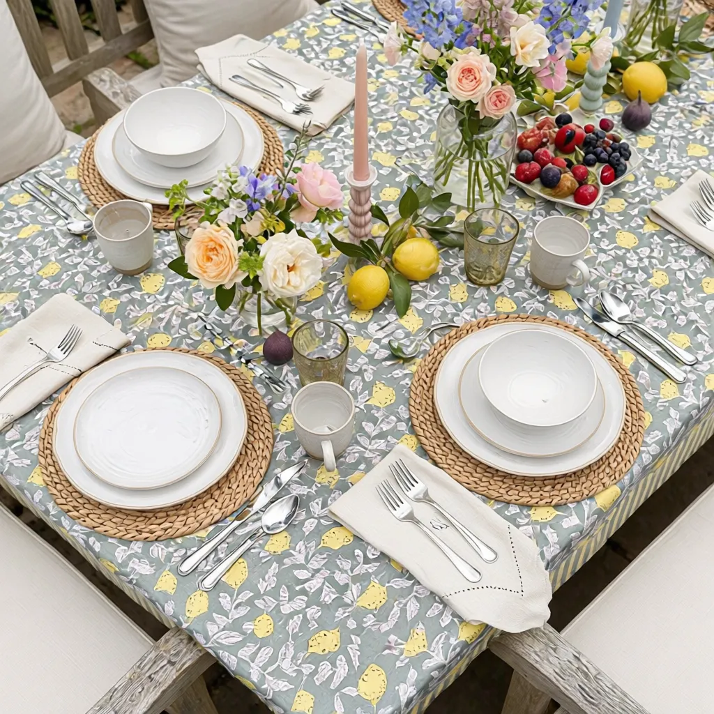 Wood Block Printed Handmade Tablecloth 150x220 cms Lemon Green 202405