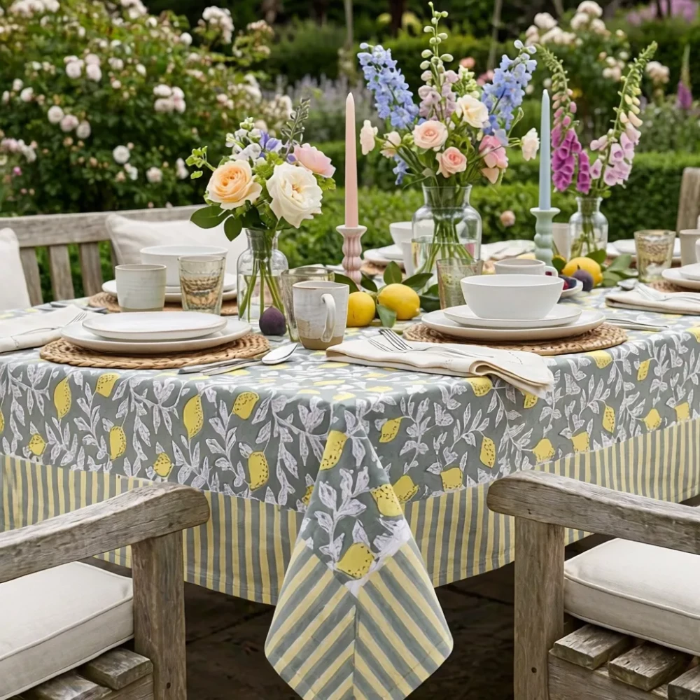 Image of Wood Block Printed Handmade Tablecloth 150x220 cms | Lemon Green 202405