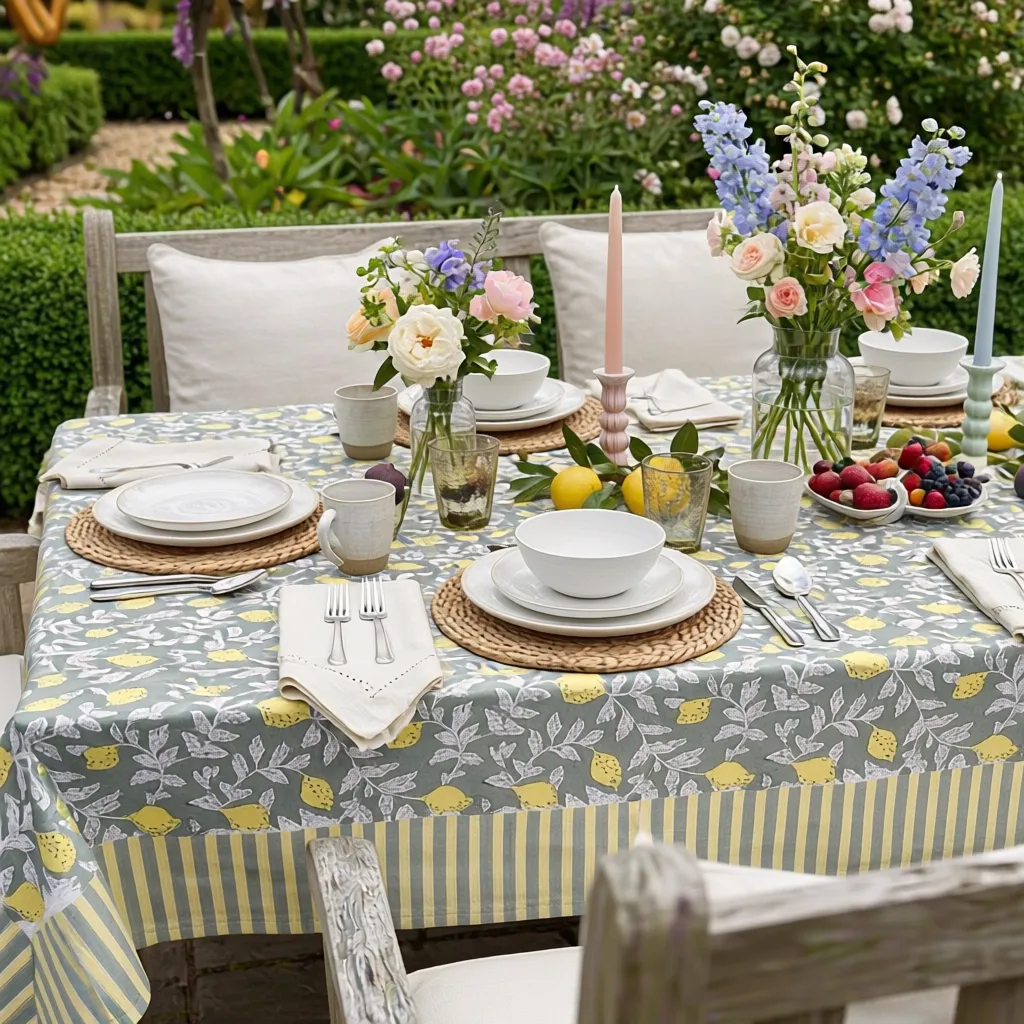 Wood Block Printed Handmade Tablecloth 150x220 cms Lemon Green 202405