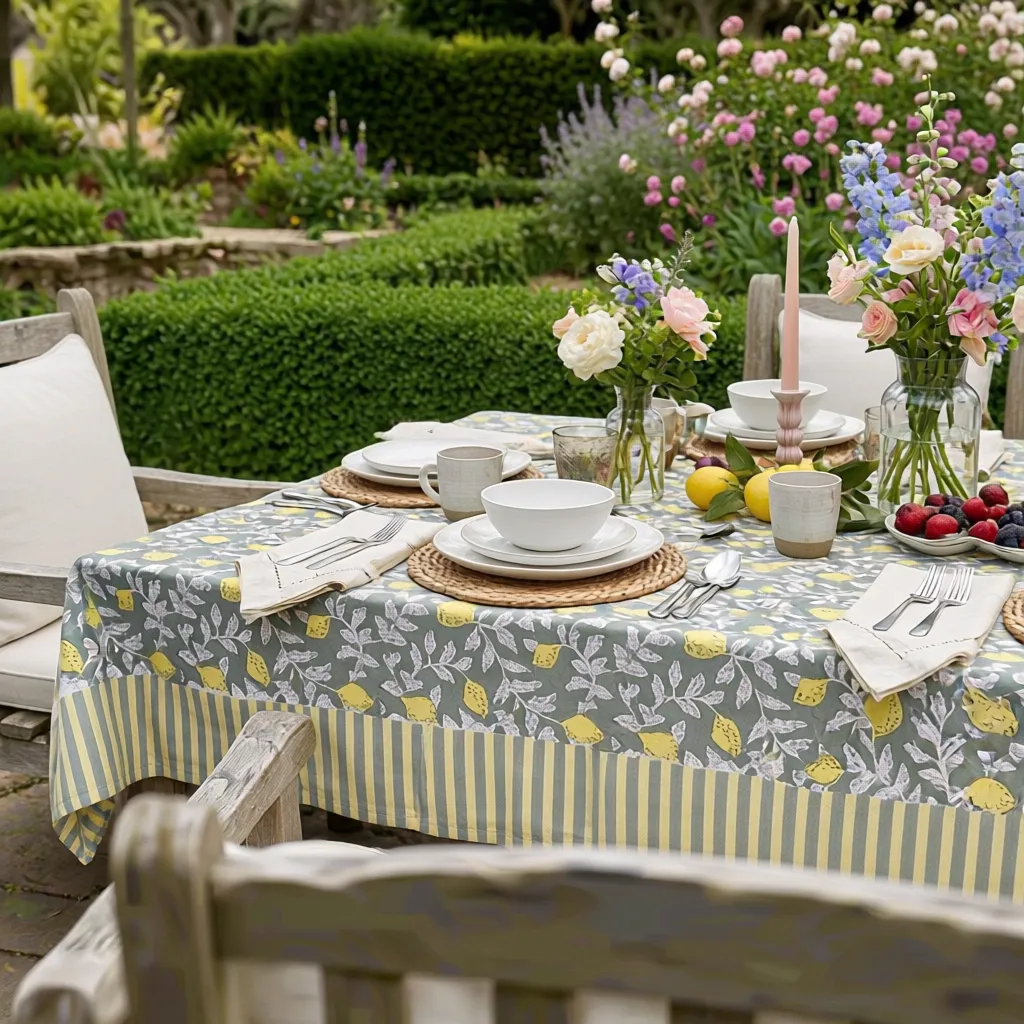 Wood Block Printed Handmade Tablecloth 150x220 cms Lemon Green 202405