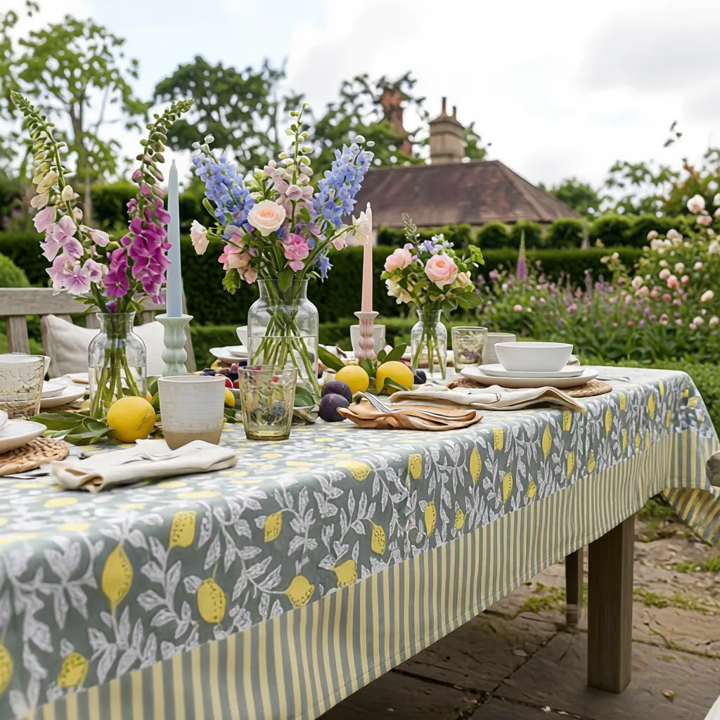 Wood Block Printed Handmade Tablecloth 150x220 cms Lemon Green 202405