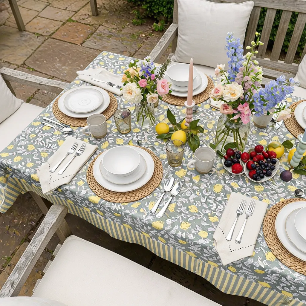 Wood Block Printed Handmade Tablecloth 150x220 cms Lemon Green 202405
