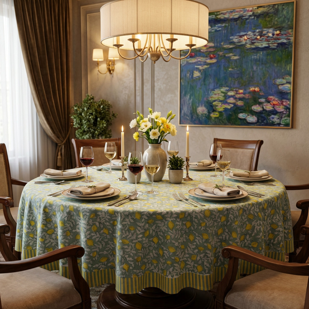 Image of Round 180 cms Cotton French Design Table Cover | Lemon Green 202405