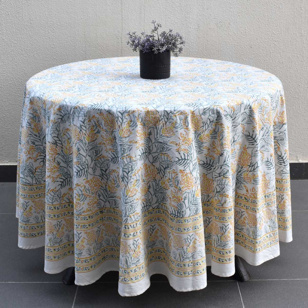 Image of Hand Block Printed Cotton Round Tablecloth 275 cms | Lilas Amber 202507