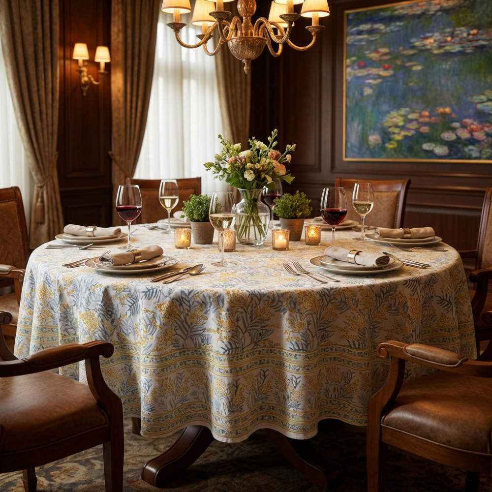 Image of Round 180 cms Cotton French Design Table Cover | Lilas Amber 202507