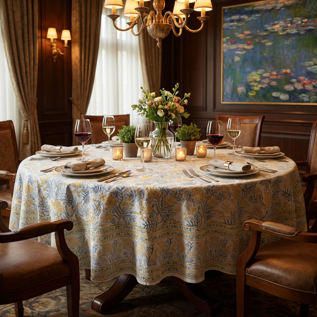 Hand Block Printed Cotton Round Tablecloth 275 cms Lilas Amber 202507