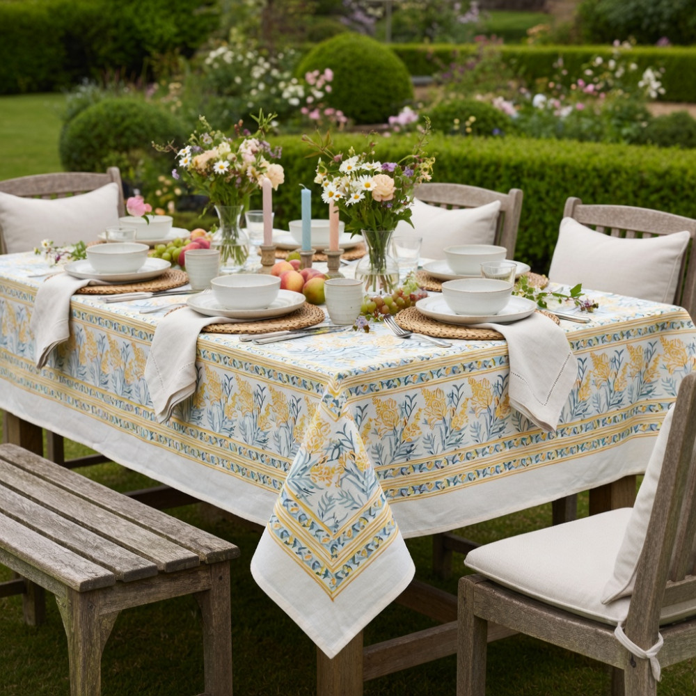 Image of Wood Block Printed Handmade Tablecloth 150x220 cms | Lilas Amber 202507