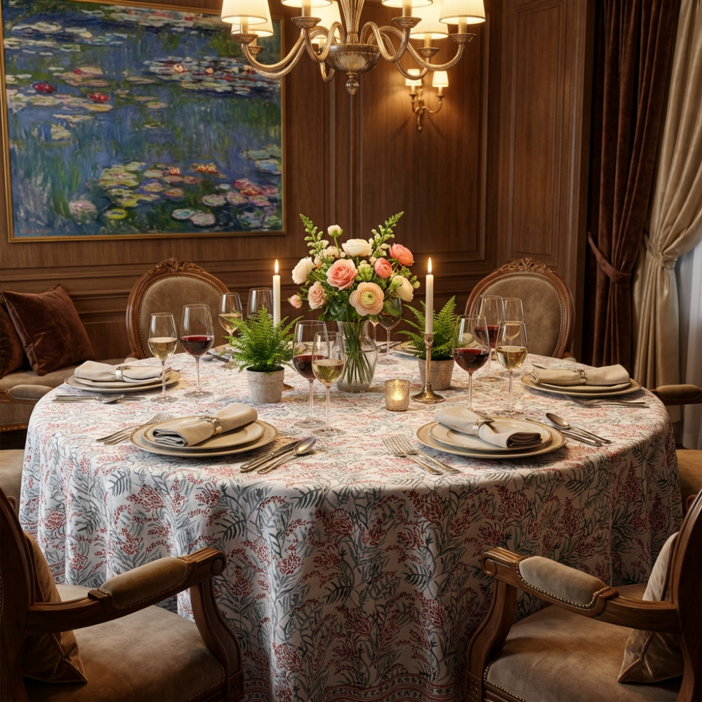 Image of Round 220 cms Cotton French Design Table Cover | Lilas Tango Lily 202508