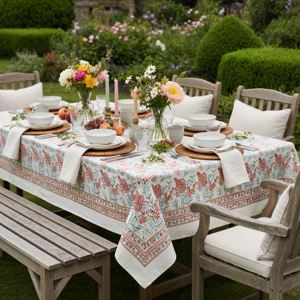 Wood Block Printed Handmade Tablecloth 150x220 cms  Lilas Tango Lily 202508