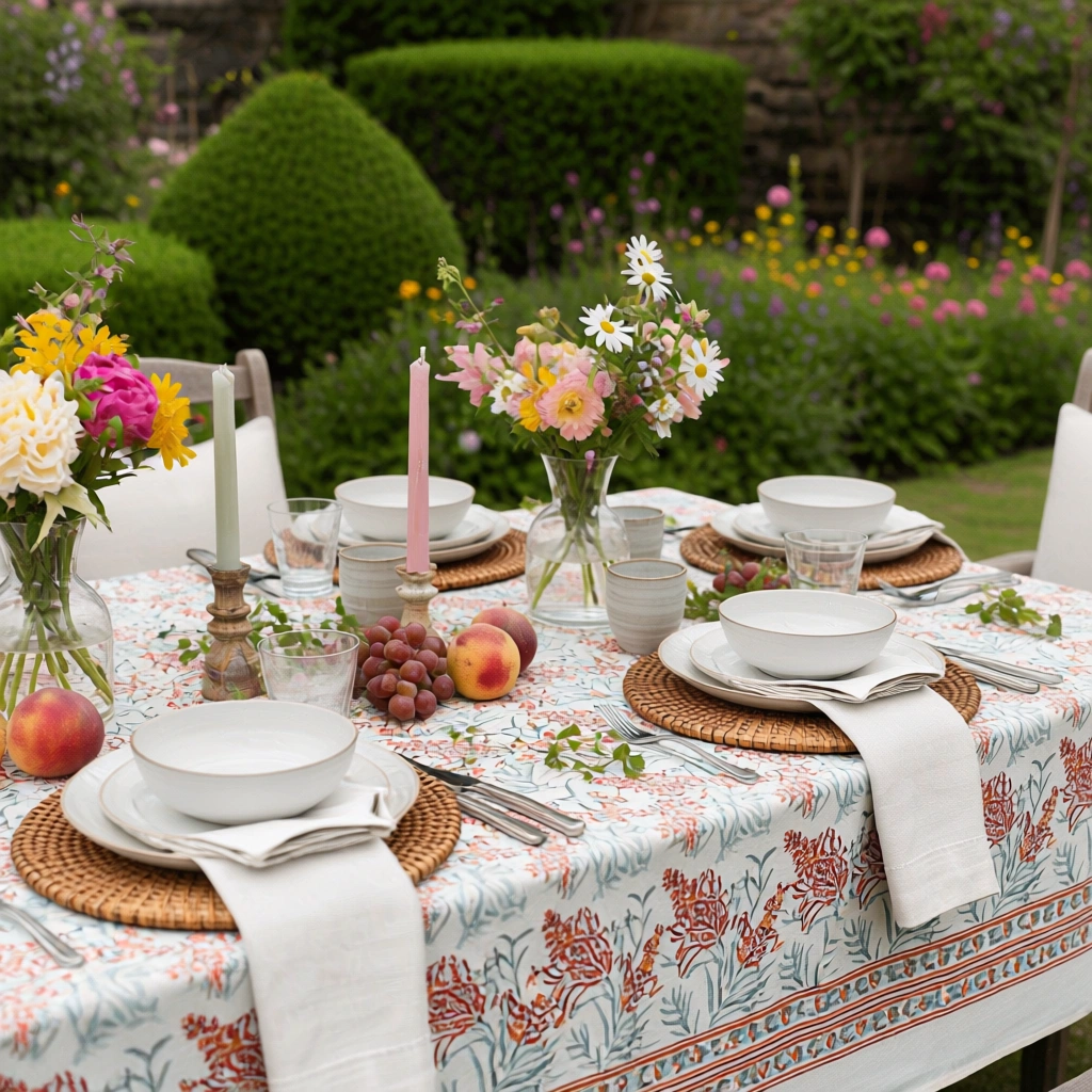 Wood Block Printed Handmade Tablecloth 150x220 cms Lilas Tango Lily 202508