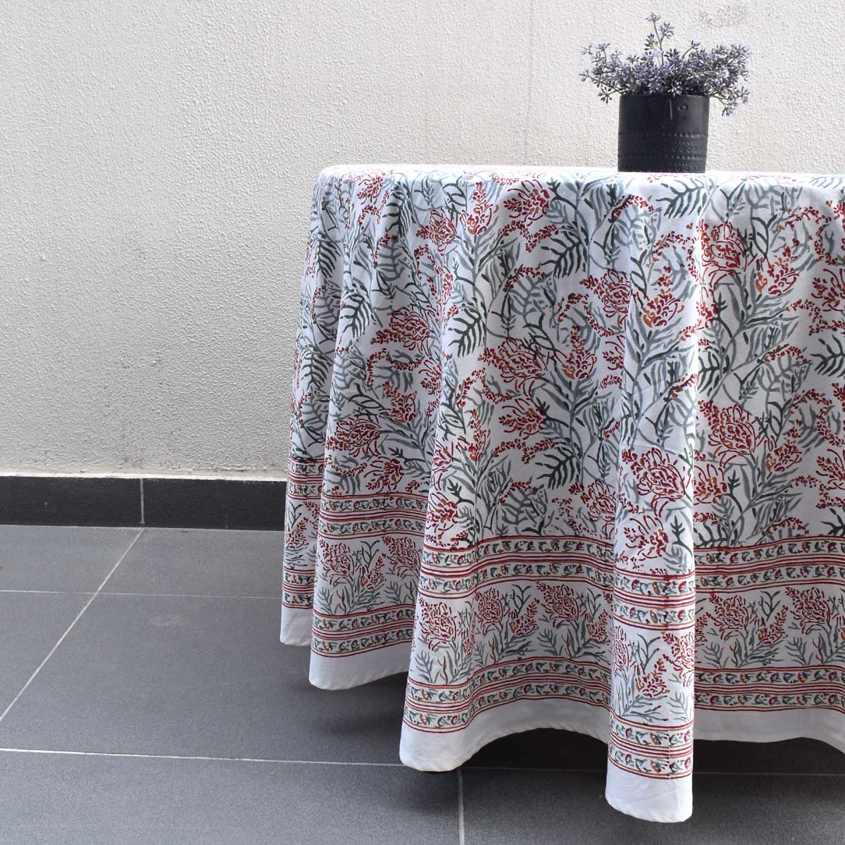 Hand Block Printed Cotton Round Tablecloth 275 cms Lilas Tango Lily 202508