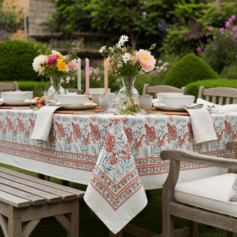 Image of Wood Block Printed Handmade Tablecloth 150x220 cms | Lilas Tango Lily 202508