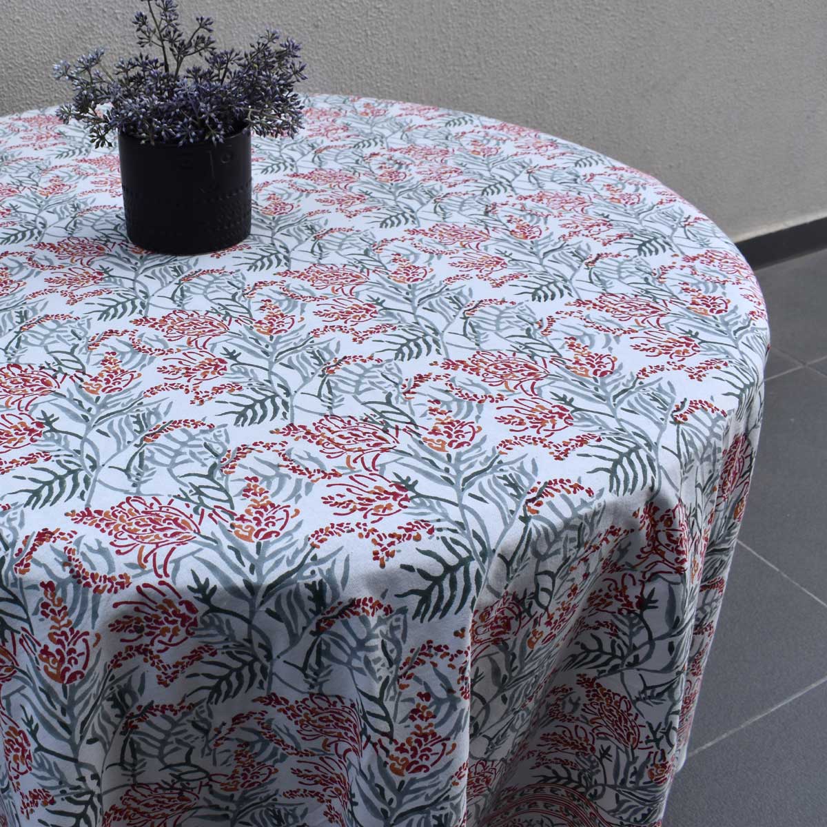 Hand Block Printed Cotton Round Tablecloth 275 cms Lilas Tango Lily 202508