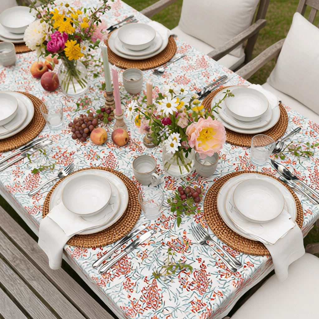 Wood Block Printed Handmade Tablecloth 150x220 cms  Lilas Tango Lily 202508