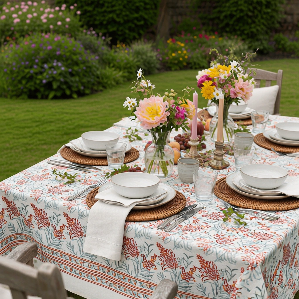 Wood Block Printed Handmade Tablecloth 150x220 cms Lilas Tango Lily 202508