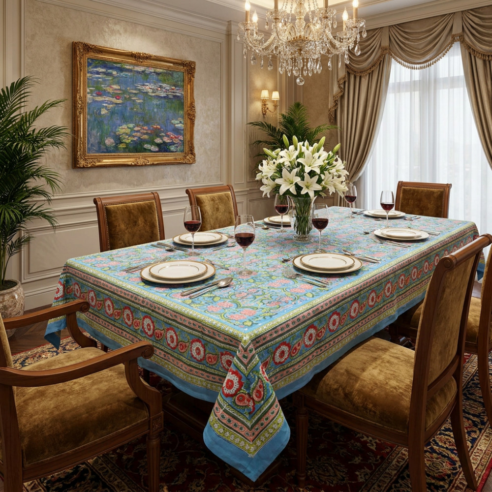 Image of Hand Block Printed Cotton Tablecloth 150x220 cms | Lotus Green Gud 109161