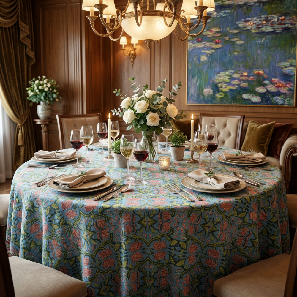 Image of Hand Block Printed Cotton Round Tablecloth 220 cm | Lotus Green Gud 204827